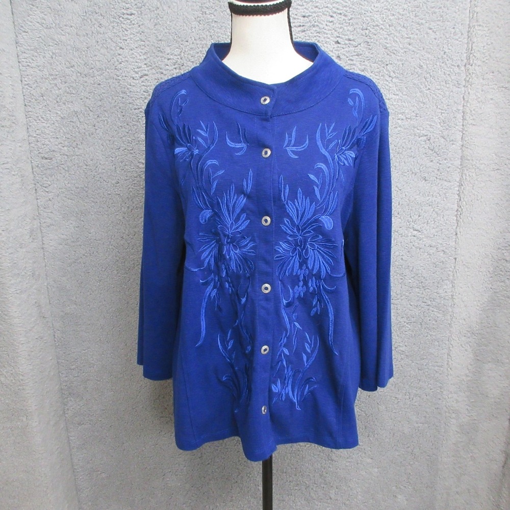 Onque Casual‎ Womens L Blue Embroidered Knit Jacket Cardigan Button Front Top